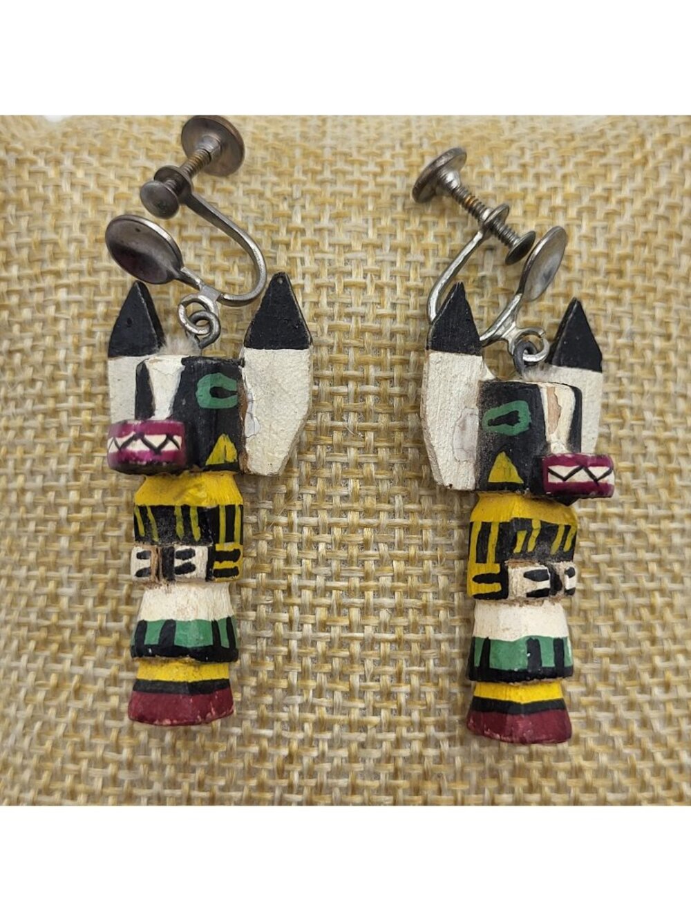 VTG Hopi Carved Kachina Earrings Miniature cottonwood screw Back Native American